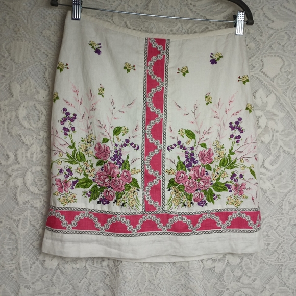 100% Linen Ann Taylor Loft Pink White Floral Skirt 6P Flower Spray Print - Picture 1 of 4